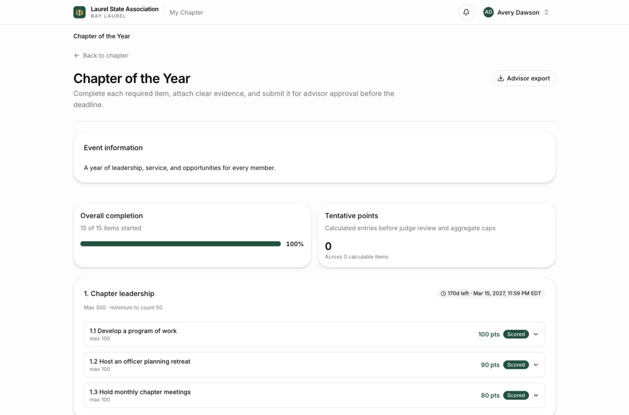 North Laurel High School chapter workspace showing activities, submission statuses, deadlines, and chapter progress.