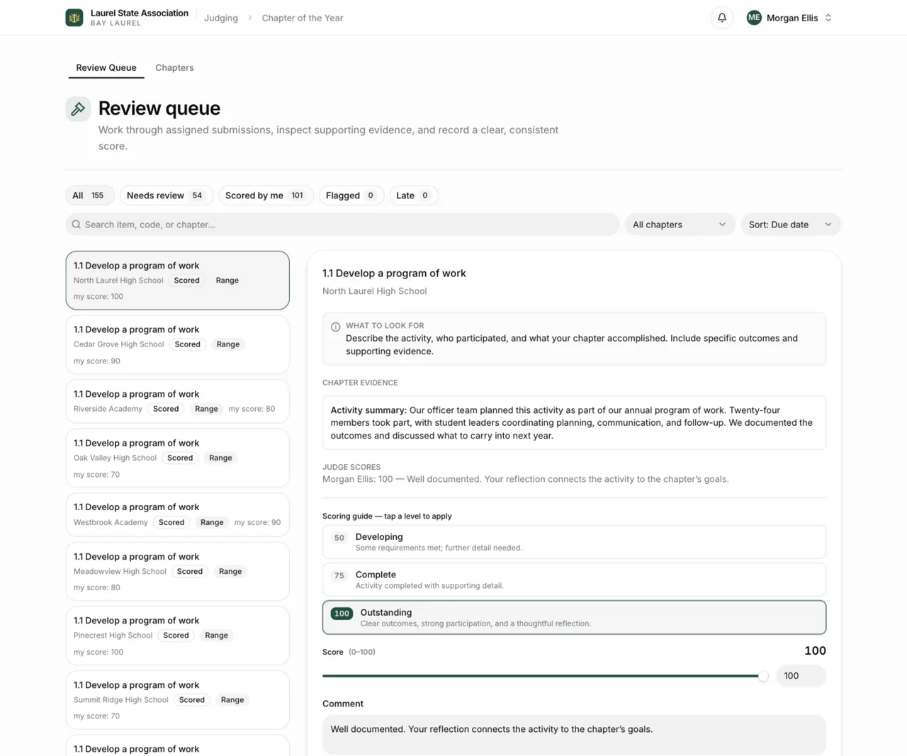 Bay Laurel judge workspace with a chapter submission, activity evidence, scoring guidance, and review controls.