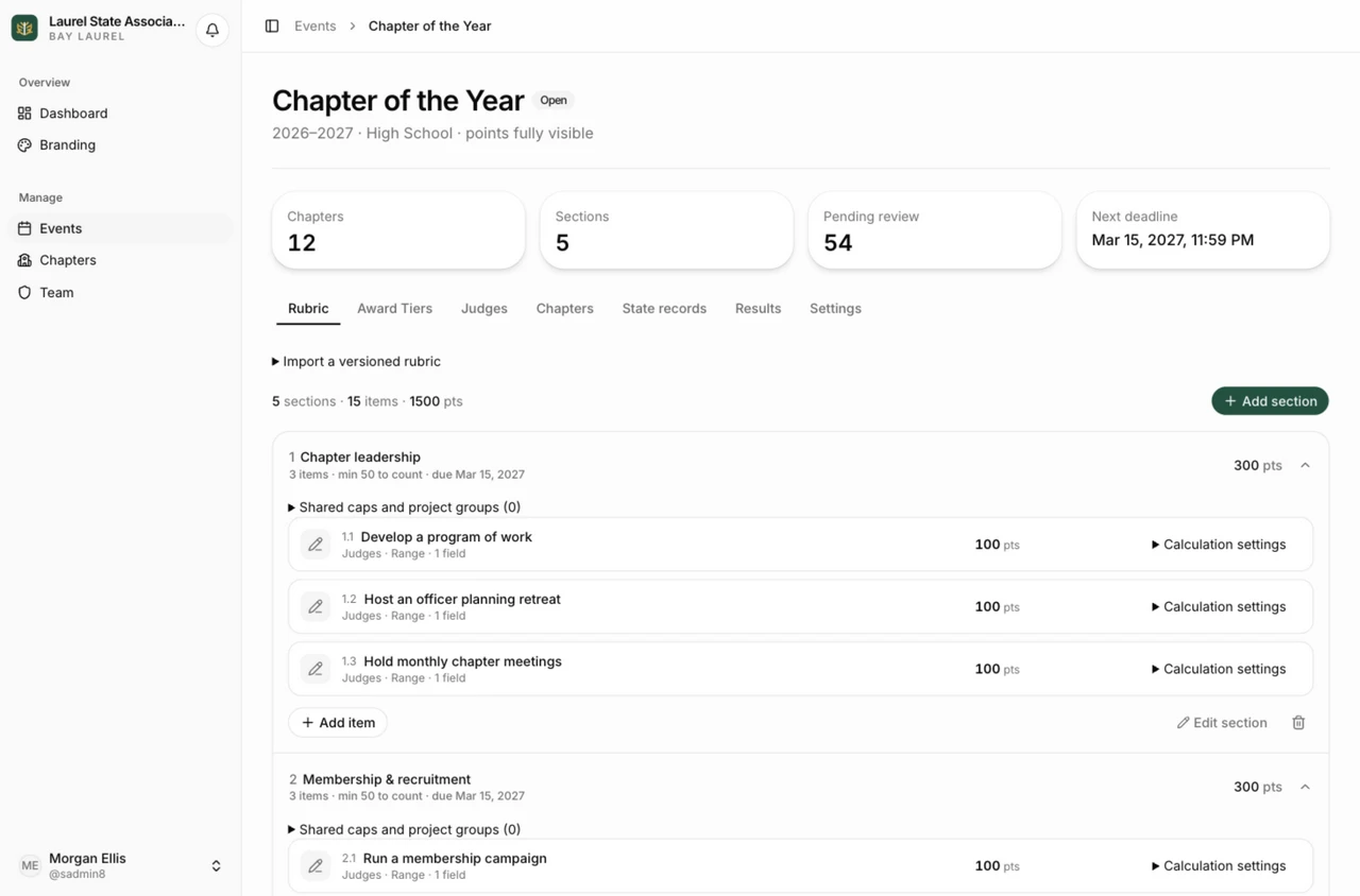 Bay Laurel administrator view showing the Chapter of the Year rubric, 12 registered chapters, five sections, and submissions awaiting review.